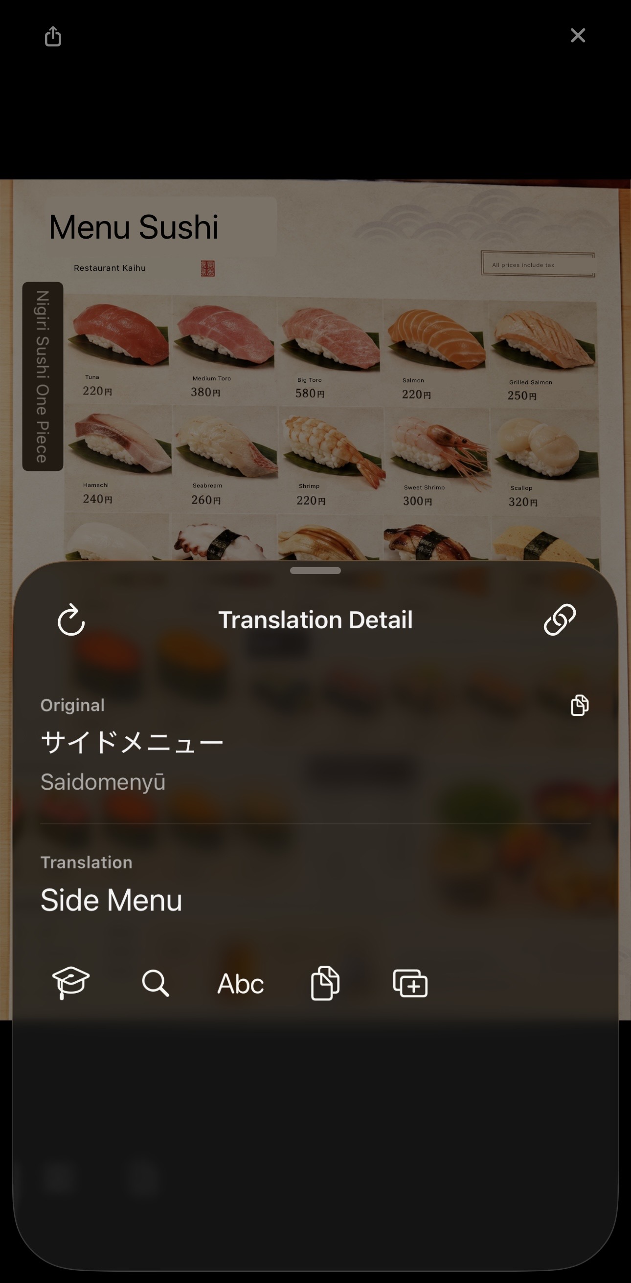 Pela Camera screen translating a Japanese menu